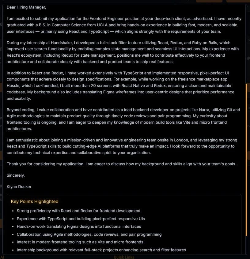 Tailored Cover Letter Interface